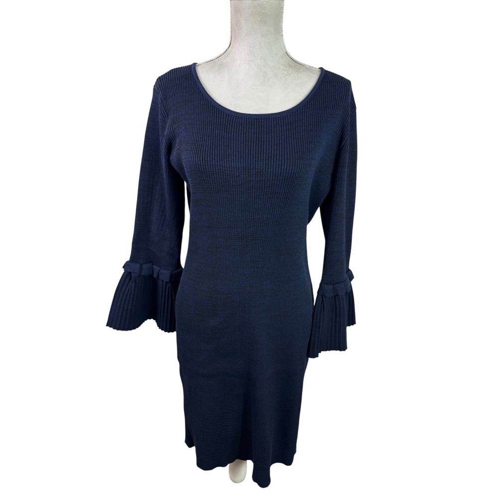 Nina Leonard‎ Women's L Ribbed Knit Bodycon Dress Blue Pleated Cuff NWT - Picture 2 of 12